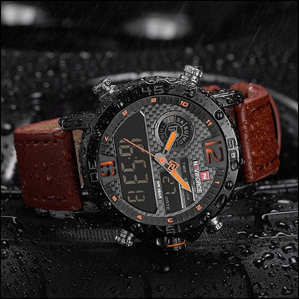 Men's Black Analog Digital Sport Watch, Brown Leather