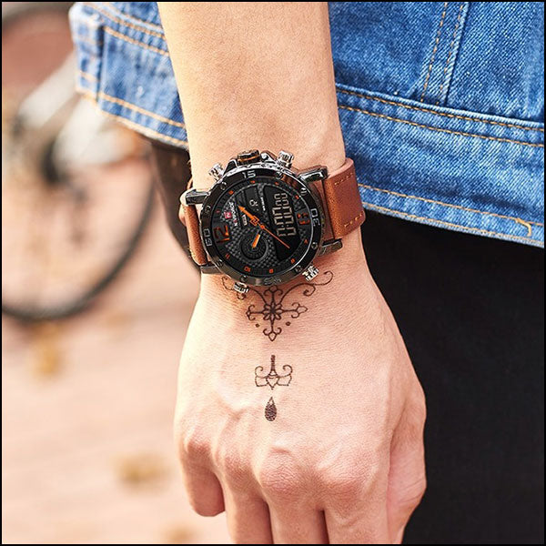 Men's Black Analog Digital Sport Watch, Brown Leather