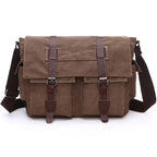 Brown Canvas Messenger Bag with Vintage Buckle Straps