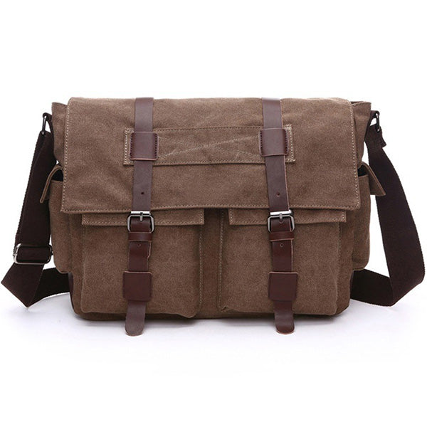 Brown Canvas Messenger Bag with Vintage Buckle Straps