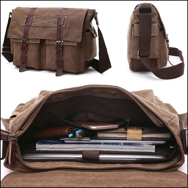 Brown Canvas Messenger Bag with Vintage Buckle Straps