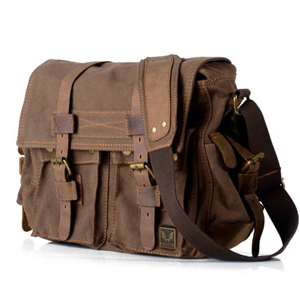 Brown Canvas Messenger Bag with Vintage Leather Straps