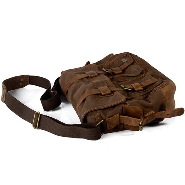 Brown Canvas Messenger Bag with Vintage Leather Straps