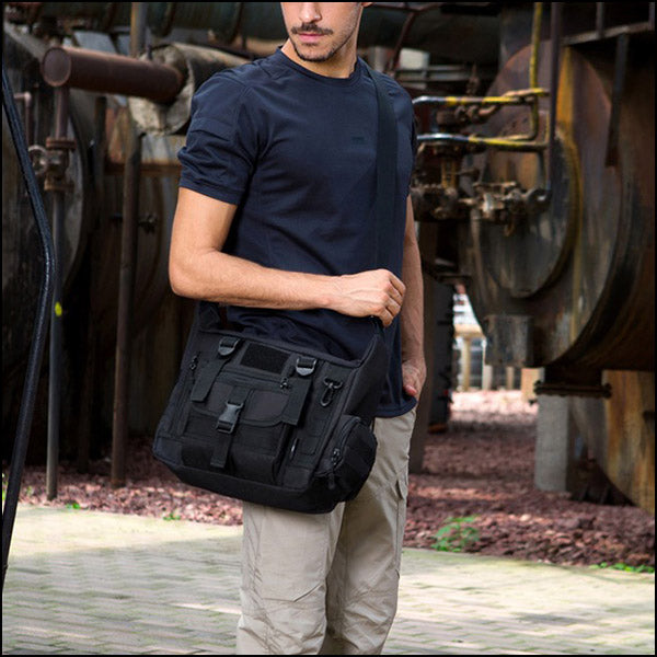 Black Tactical Messenger Bag with Quick-Release Buckle
