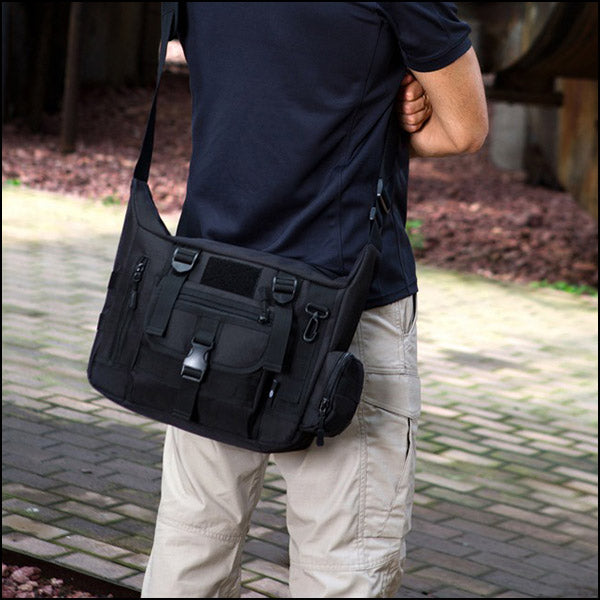 Black Tactical Messenger Bag with Quick-Release Buckle