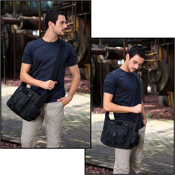 Black Tactical Messenger Bag with Quick-Release Buckle