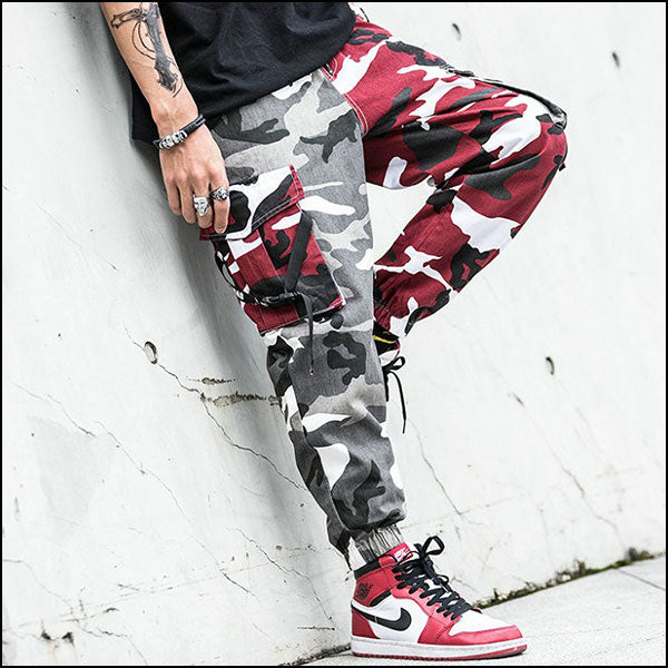 Men's Split Red Grey Camo Cargo Joggers