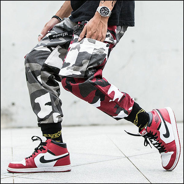 Men's Split Red Grey Camo Cargo Joggers