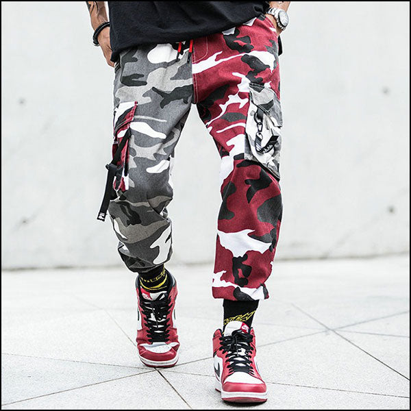 Men's Split Red Grey Camo Cargo Joggers