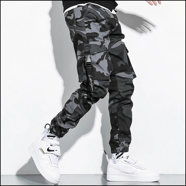 Men's Dark Grey Camo Cargo Joggers with Straps