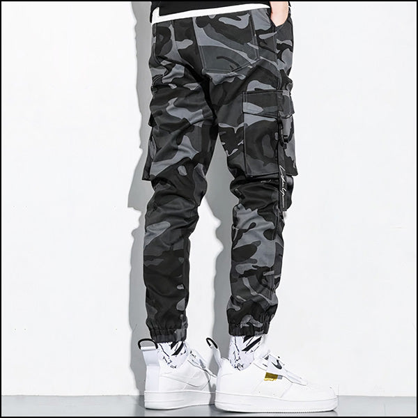 Men's Dark Grey Camo Cargo Joggers with Straps