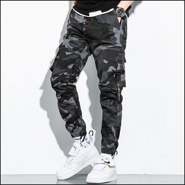 Men's Dark Grey Camo Cargo Joggers with Straps