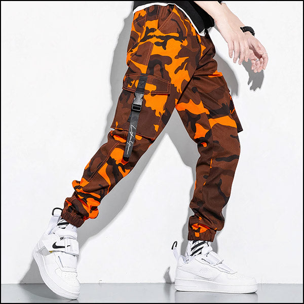 Orange Camo Cargo Jogger Pants with Straps