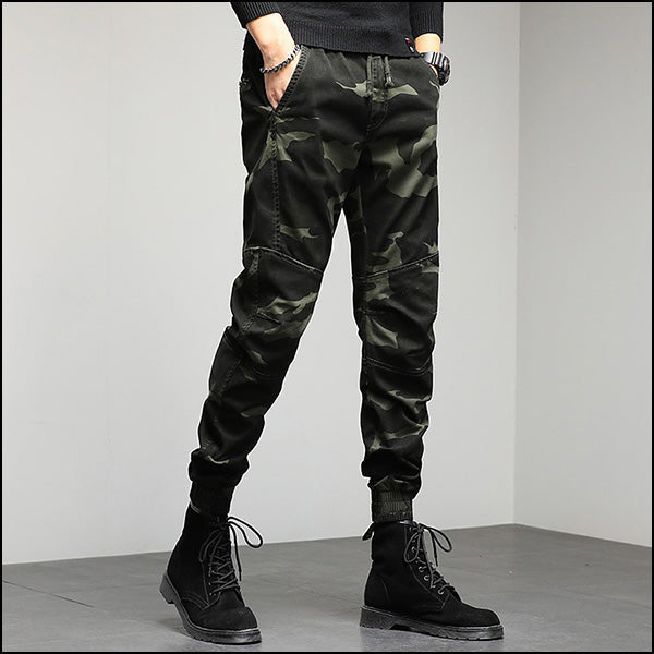 Men's Dark Green Camo Joggers with Paneled Knees