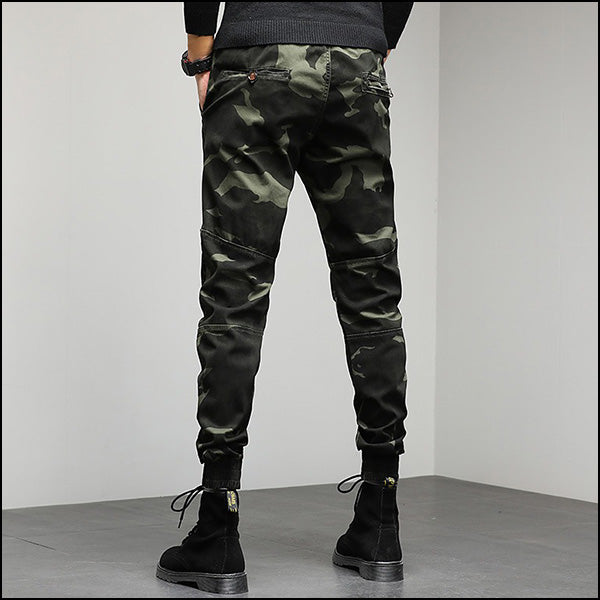 Men's Dark Green Camo Joggers with Paneled Knees
