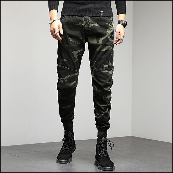 Men's Dark Green Camo Joggers with Paneled Knees