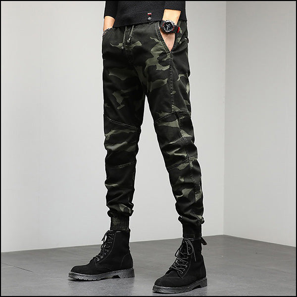 Men's Dark Green Camo Joggers with Paneled Knees