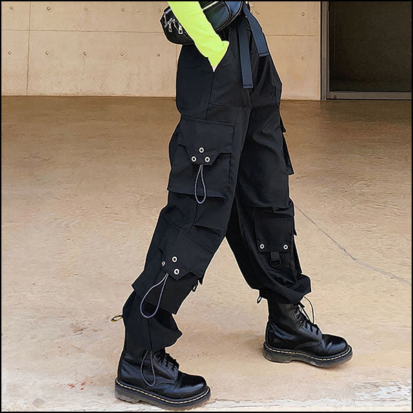 Black Wide Leg Techwear Cargo Pants