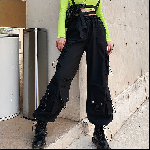 Black Wide Leg Techwear Cargo Pants
