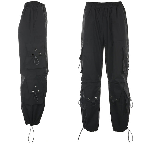 Black Wide Leg Techwear Cargo Pants