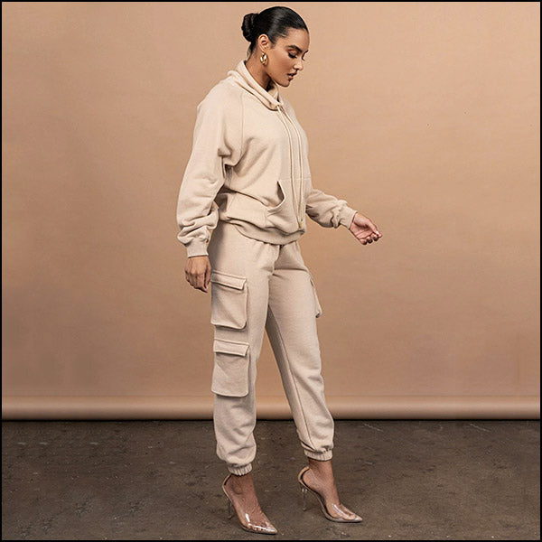 Beige Stacked Cargo Fleece Joggers