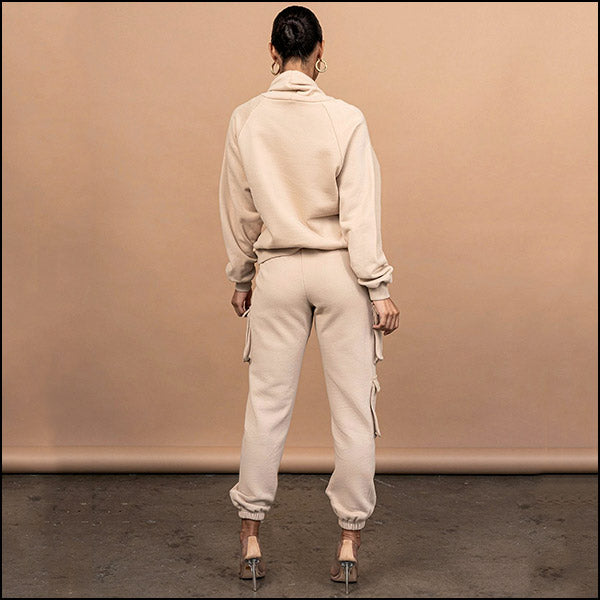 Beige Stacked Cargo Fleece Joggers