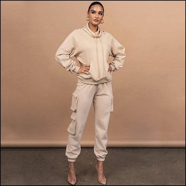 Beige Stacked Cargo Fleece Joggers