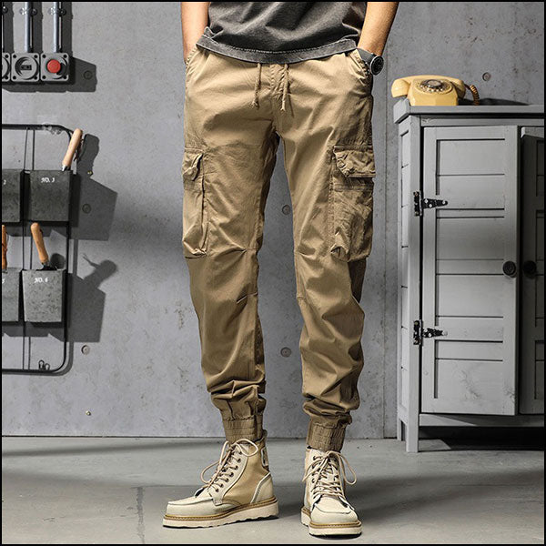 Men's Khaki Cargo Jogger Pants with Drawstring