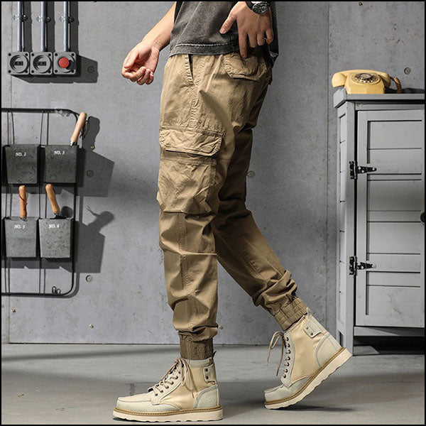 Men's Khaki Cargo Jogger Pants with Drawstring