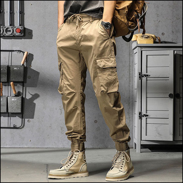 Men's Khaki Cargo Jogger Pants with Drawstring