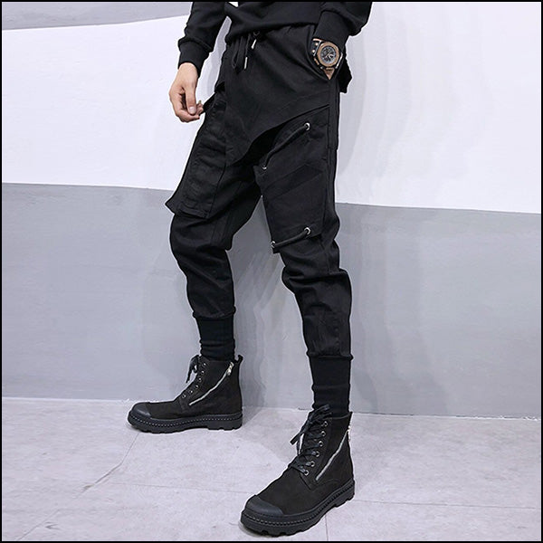 Men's Black Asymmetrical Techwear Cargo Joggers
