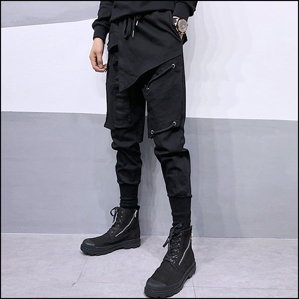 Men's Black Asymmetrical Techwear Cargo Joggers