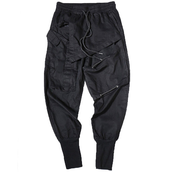 Men's Black Asymmetrical Techwear Cargo Joggers