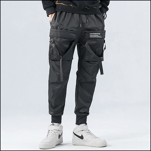 Men's Black Techwear Cargo Joggers with Straps