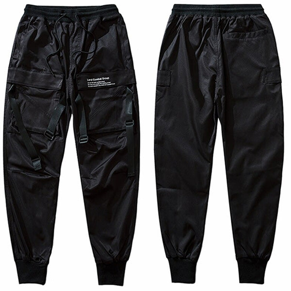 Men's Black Techwear Cargo Joggers with Straps
