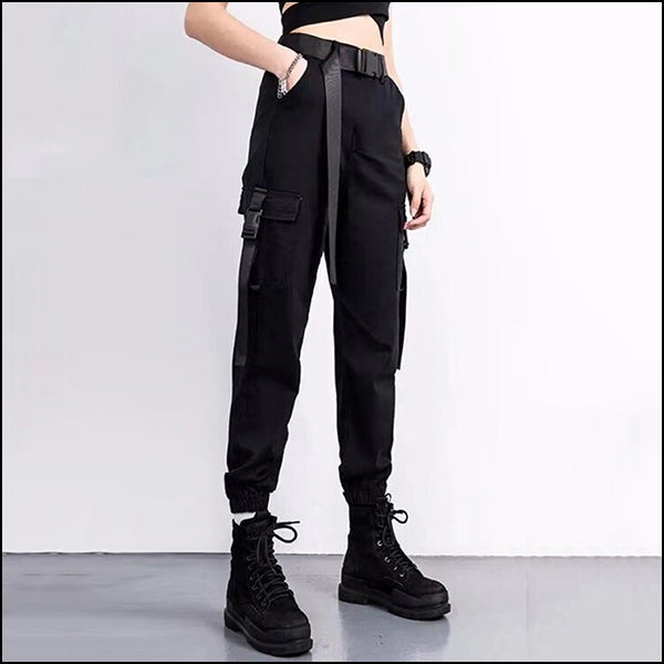 Women's Black Techwear Cargo Pants with Utility Straps