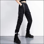 Women's Black Techwear Cargo Pants with Utility Straps