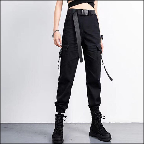 Women's Black Techwear Cargo Pants with Utility Straps