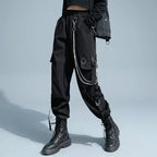Unisex Black Cargo Joggers with Chain & Buckles