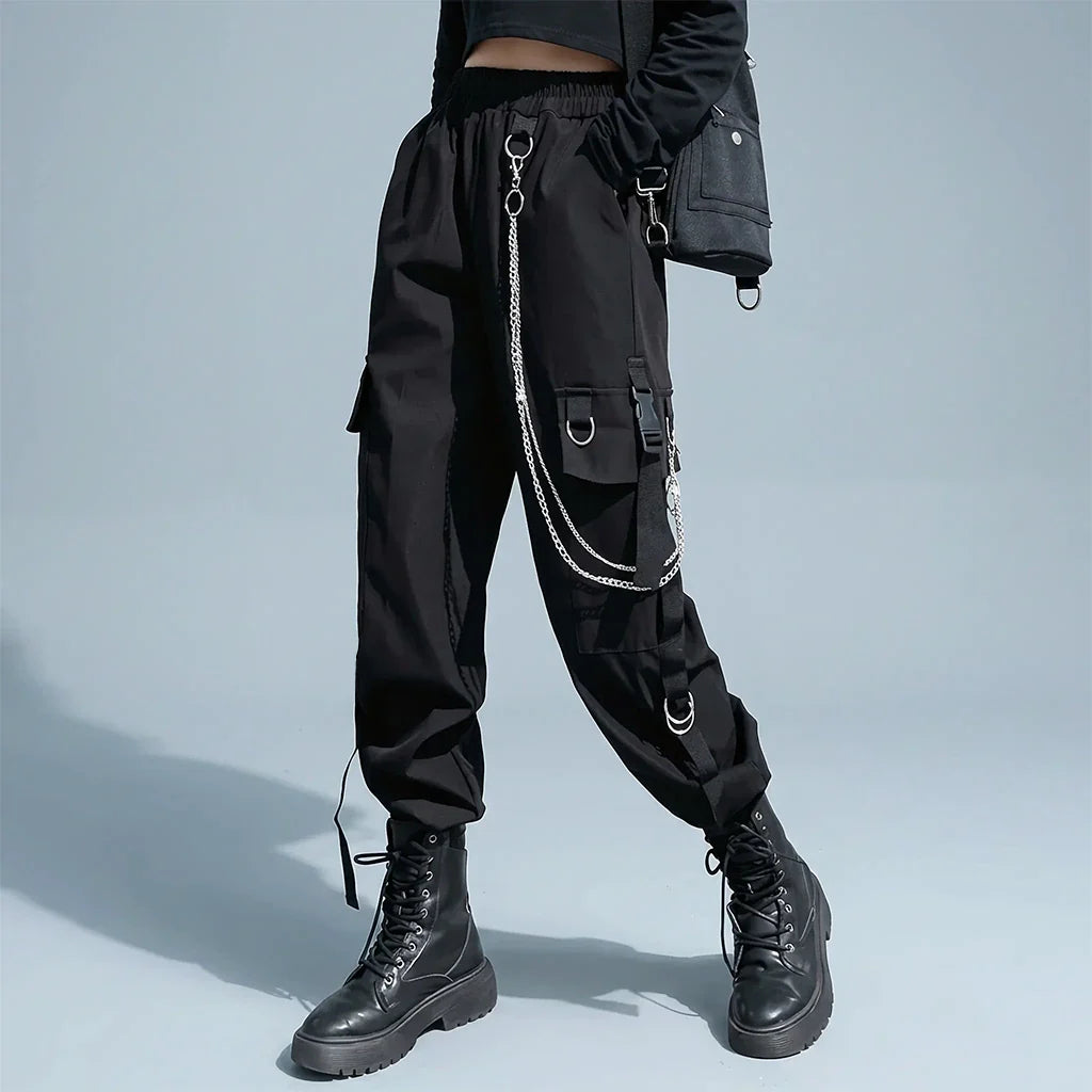 Unisex Black Cargo Joggers with Chain & Buckles