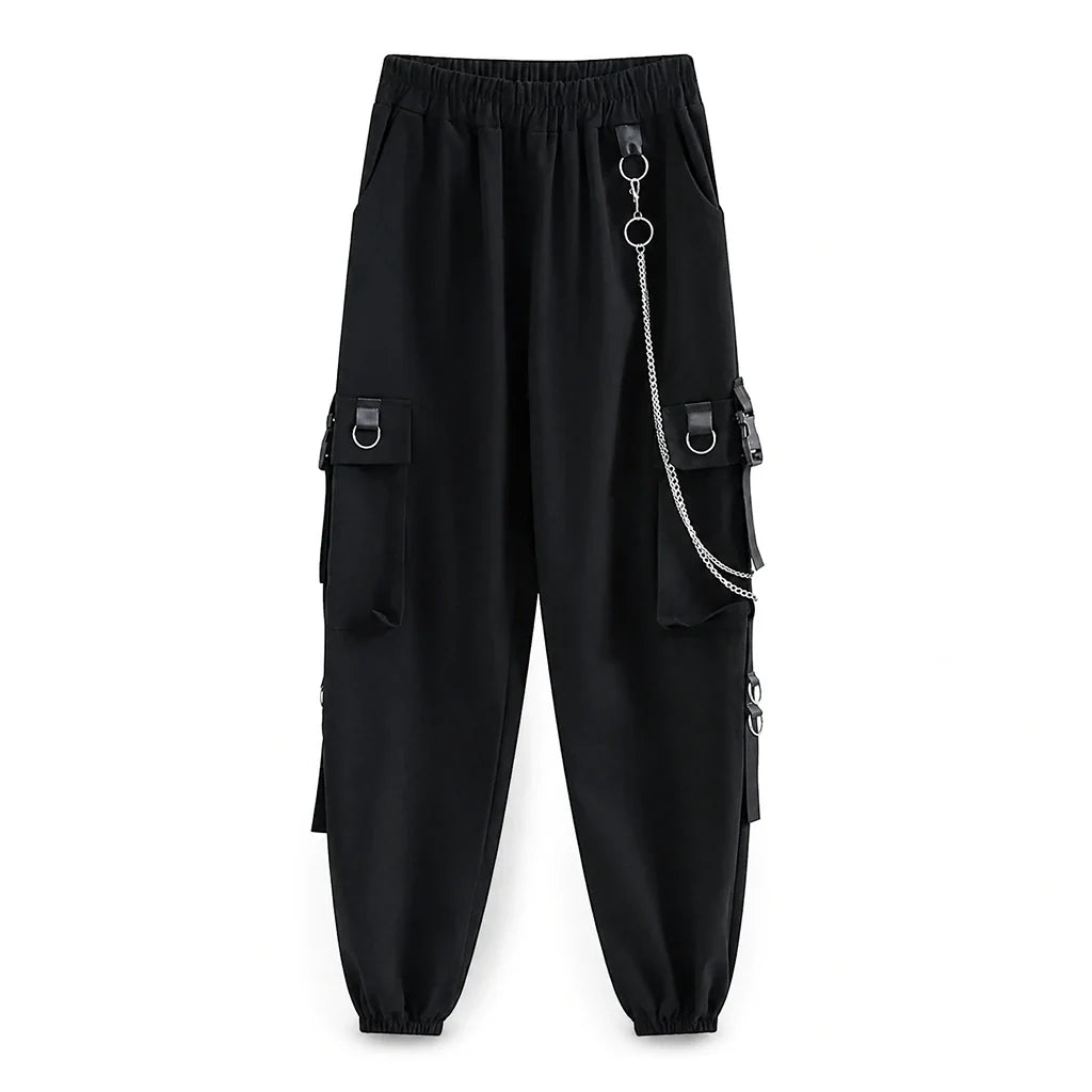 Women's Black Cargo Pants with Chain