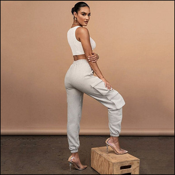 Women's Light Grey Fleece Cargo Joggers