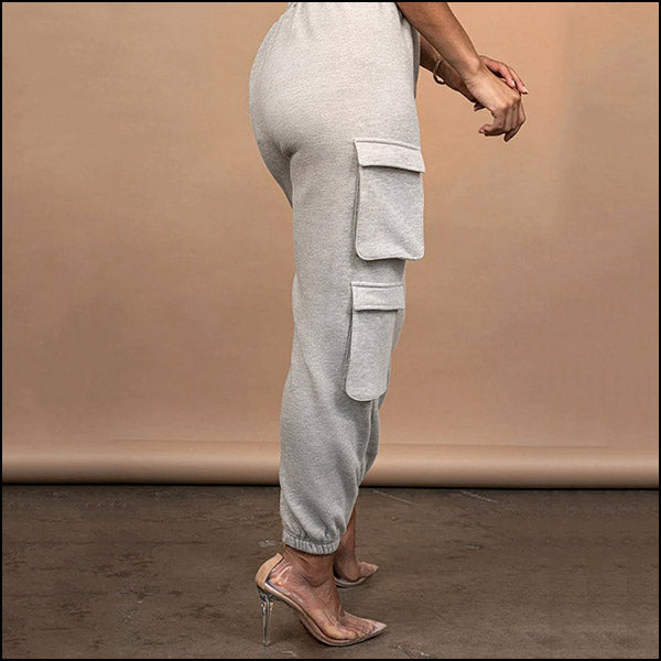 Women's Light Grey Fleece Cargo Joggers