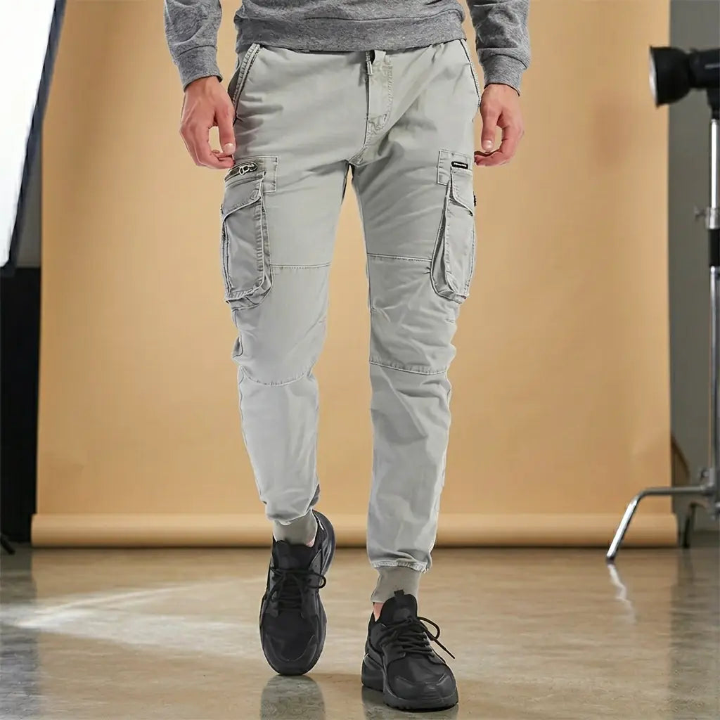 Men's Light Gray Slim Fit Cargo Pants with Jogger Cuffs