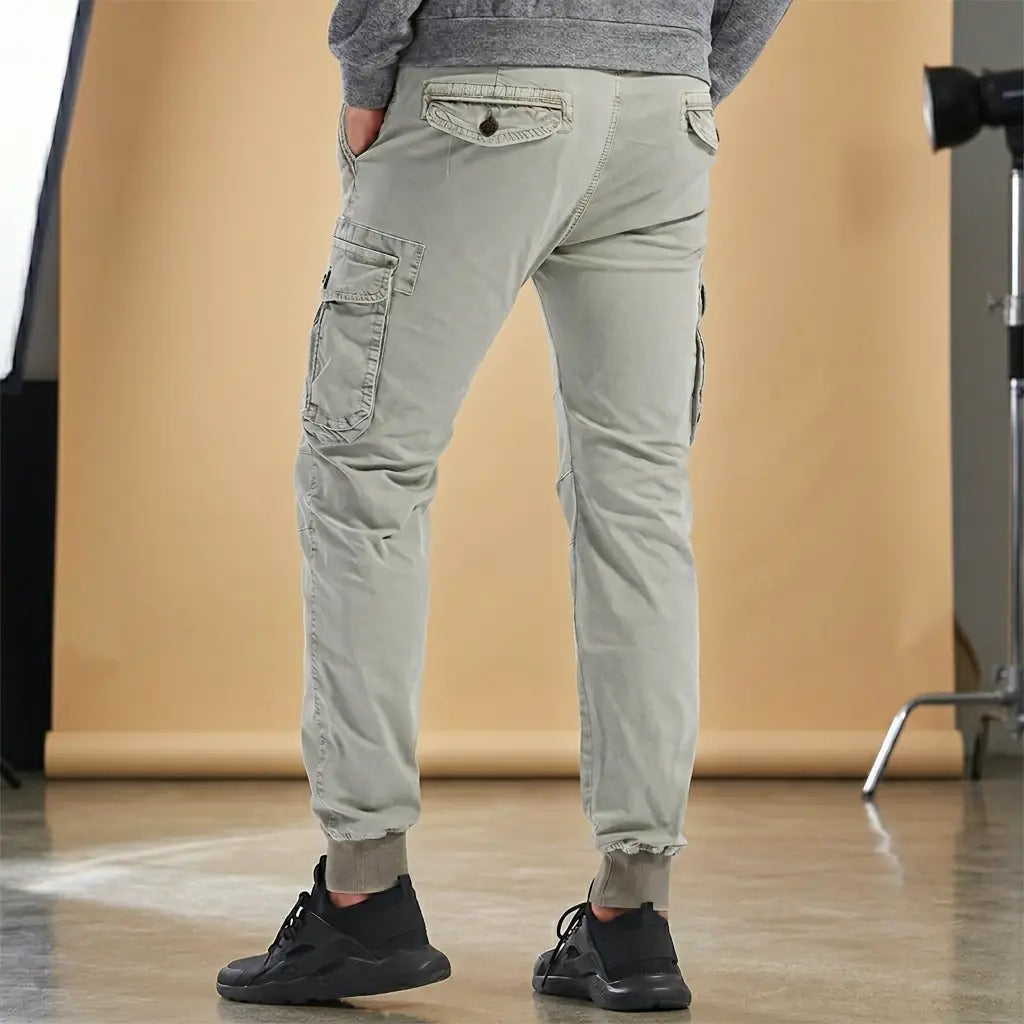 Men's Light Gray Slim Fit Cargo Pants with Jogger Cuffs