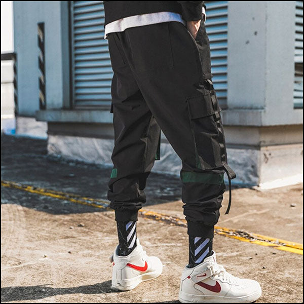 Men's Black Techwear Cargo Joggers with Utility Straps