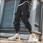 Men's Black Techwear Cargo Joggers with Utility Straps