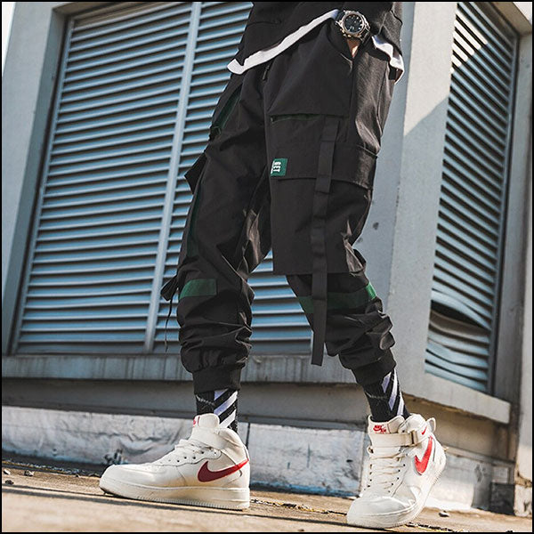 Men's Black Techwear Cargo Joggers with Utility Straps