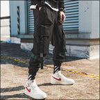 Men's Black Techwear Cargo Joggers with Utility Straps