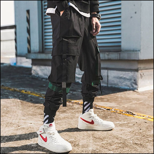Men's Black Techwear Cargo Joggers with Utility Straps
